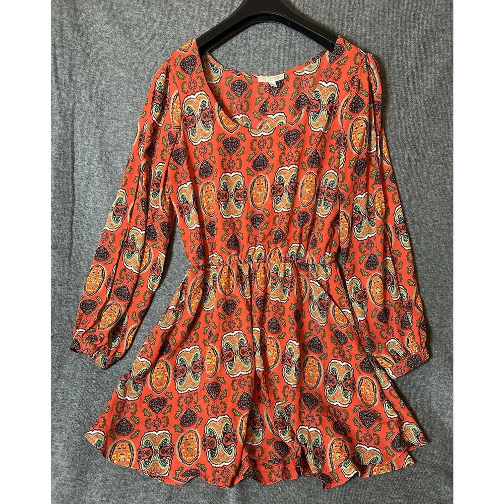Gianni Bini Dress Large Orange Tribal Romper Boho Artsy Pockets Cold Shoulder GB